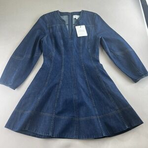 NWT $371 Tanya Taylor Jean Dress Classic 100% Cotton Blue Size-4 Boho Cowgirl